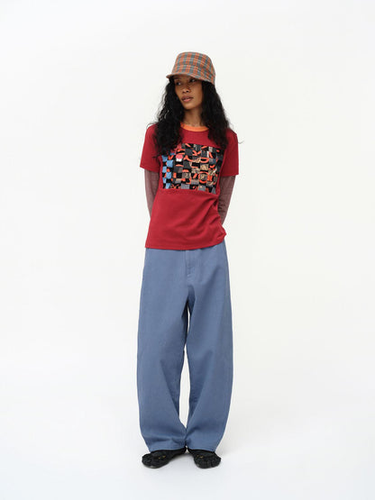 oinimi Distressed Mosaic Collar Long Sleeve Tee