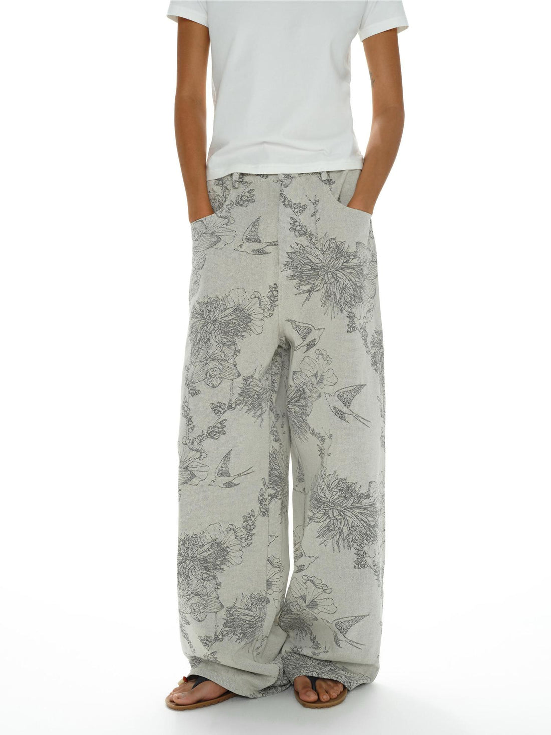 oinimi Distressed Print Denim Wide Leg Trousers Low Waist Straight Cut