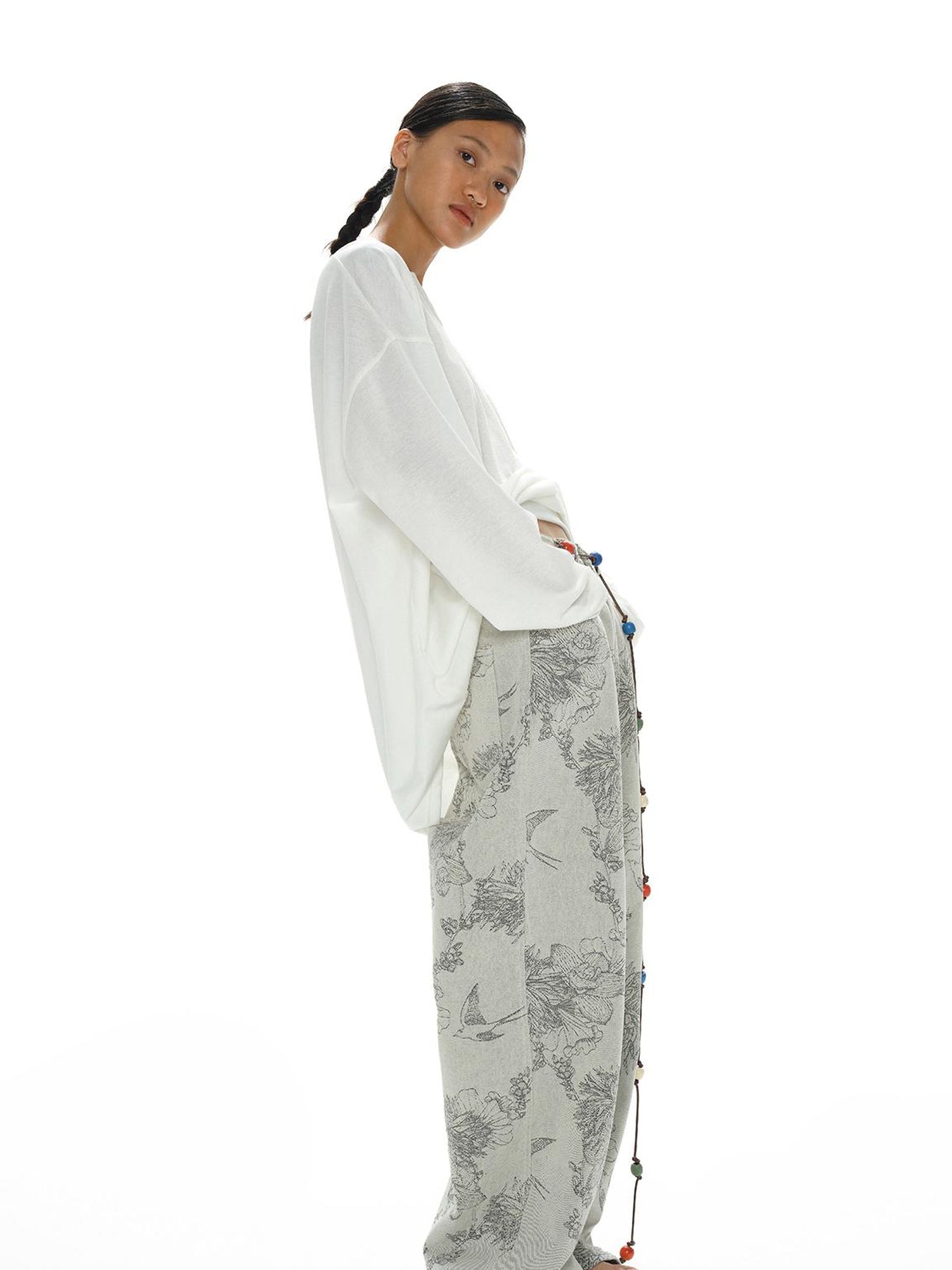 oinimi Distressed Print Denim Wide Leg Trousers Low Waist Straight Cut