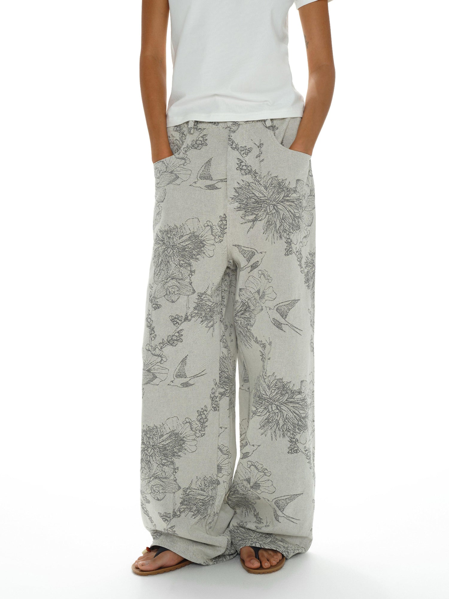oinimi Distressed Print Denim Wide Leg Trousers Low Waist Straight Cut