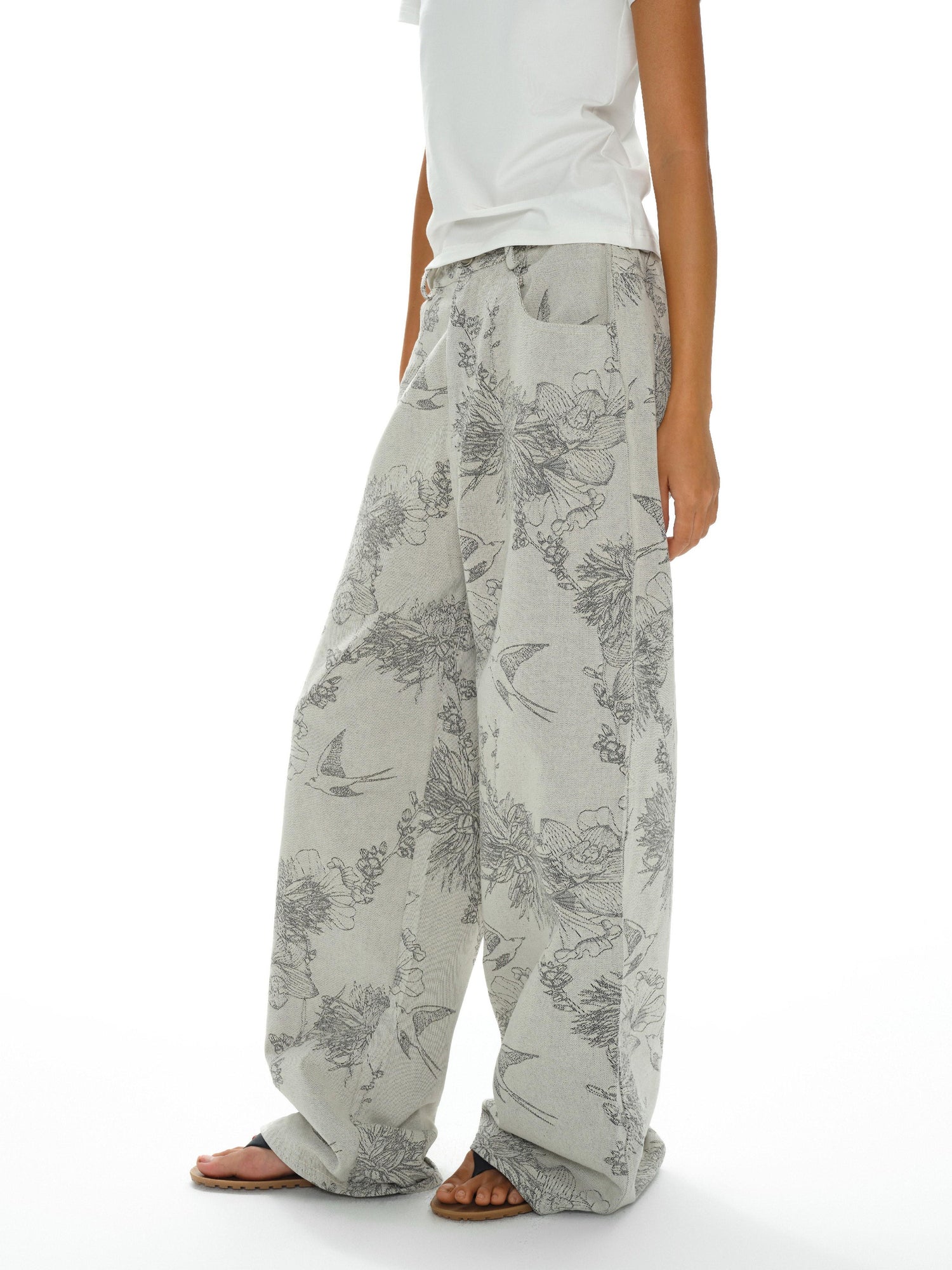 oinimi Distressed Print Denim Wide Leg Trousers Low Waist Straight Cut