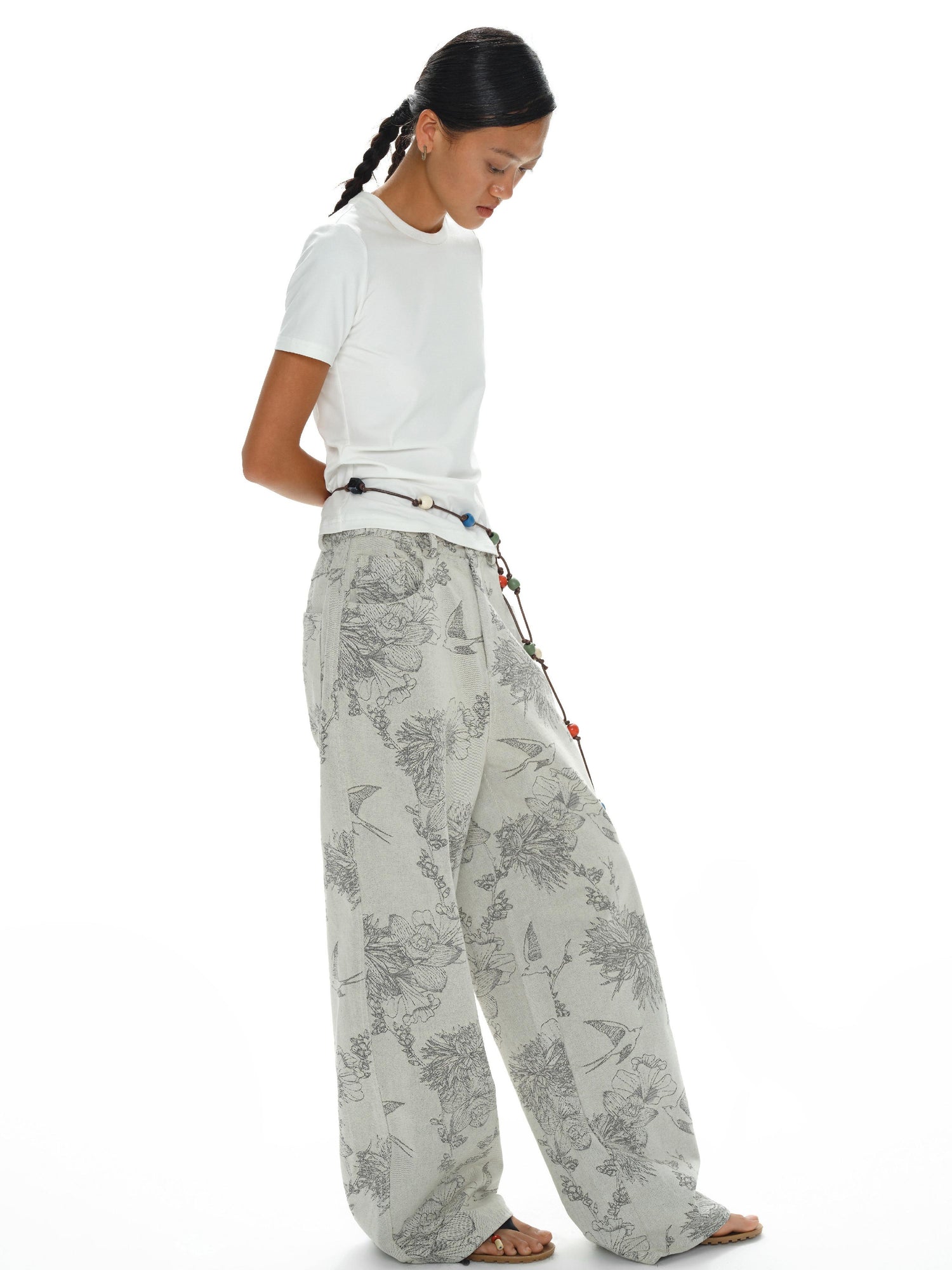 oinimi Distressed Print Denim Wide Leg Trousers Low Waist Straight Cut