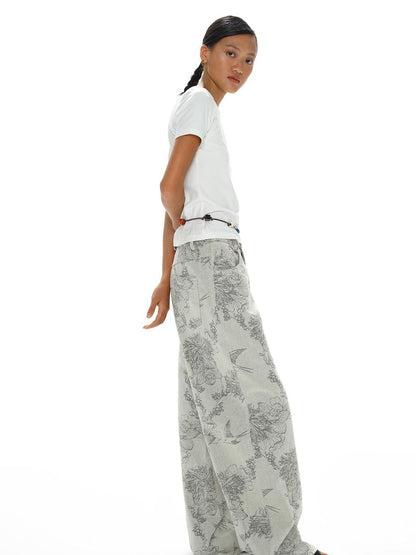 oinimi Distressed Print Denim Wide Leg Trousers Low Waist Straight Cut