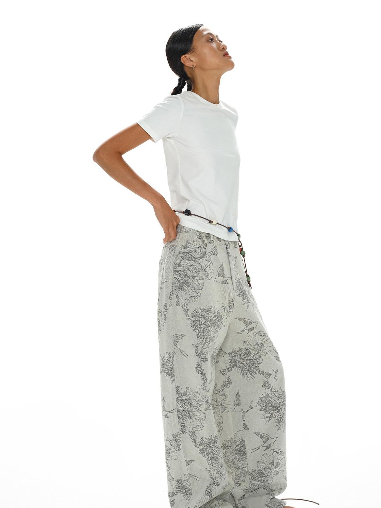 oinimi Distressed Print Denim Wide Leg Trousers Low Waist Straight Cut