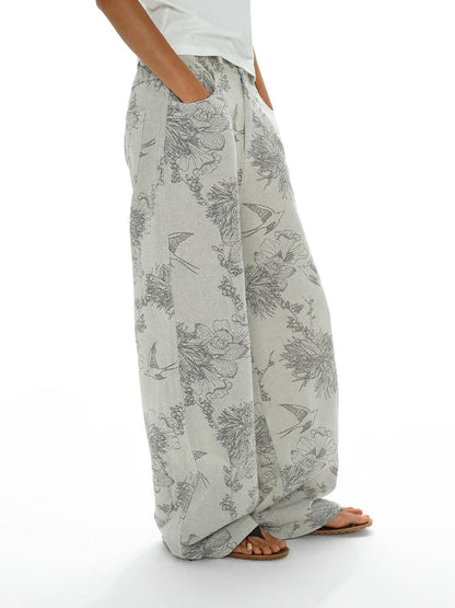 oinimi Distressed Print Denim Wide Leg Trousers Low Waist Straight Cut