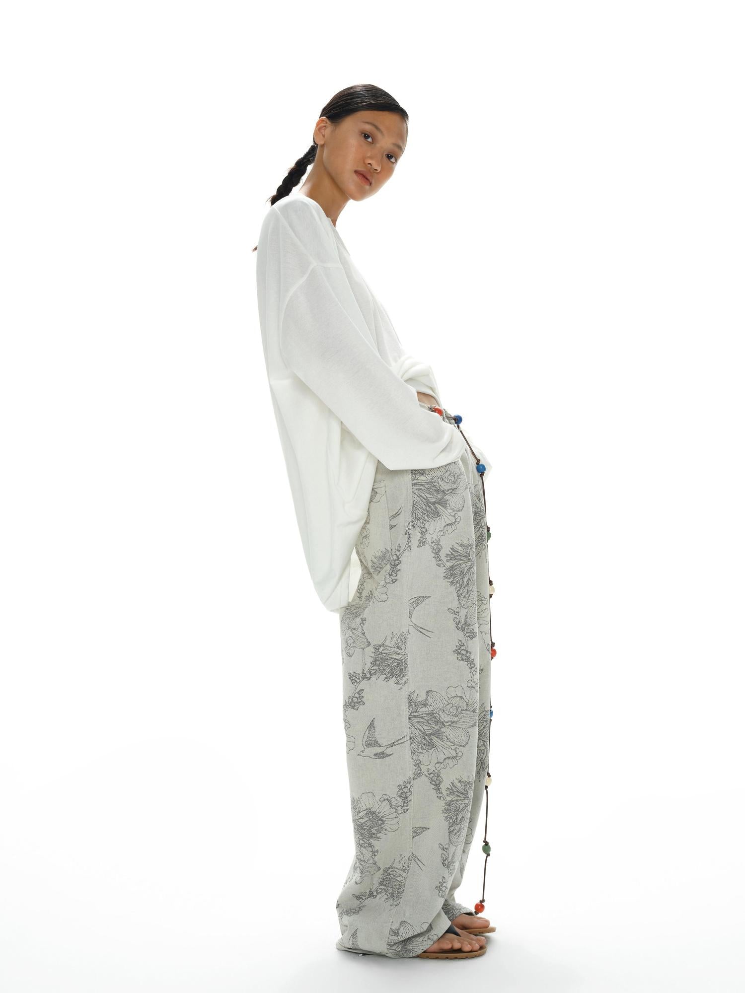 oinimi Distressed Print Denim Wide Leg Trousers Low Waist Straight Cut