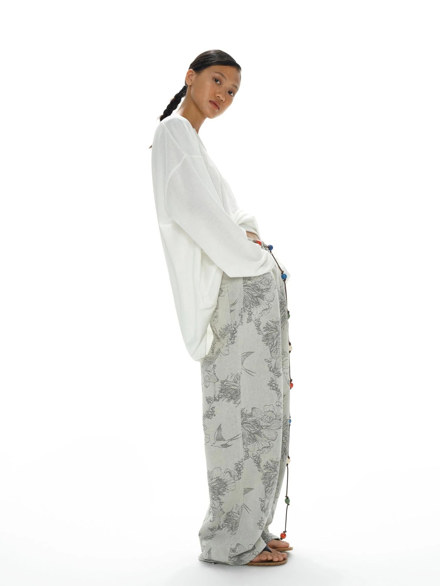 Distressed Print Denim Wide Leg Trousers Low Waist Straight Cut