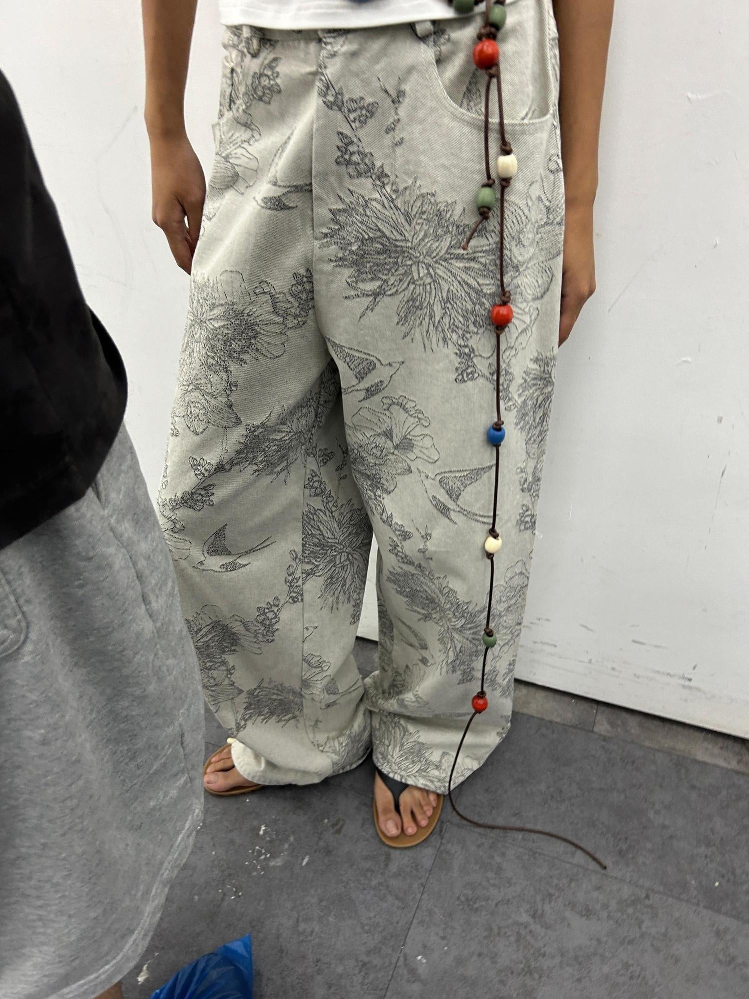 oinimi Distressed Print Denim Wide Leg Trousers Low Waist Straight Cut