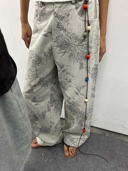 oinimi Distressed Print Denim Wide Leg Trousers Low Waist Straight Cut