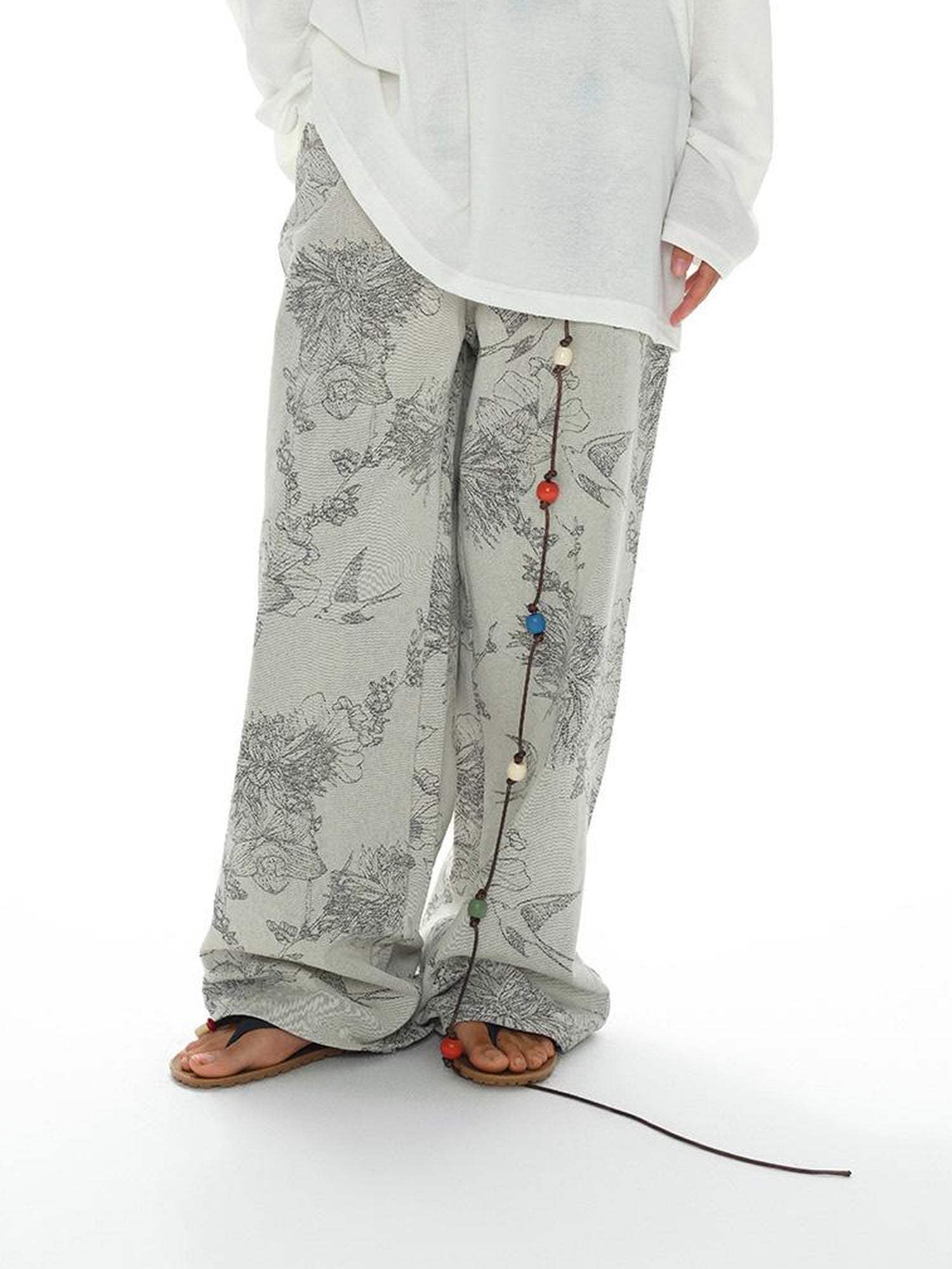 oinimi Distressed Print Denim Wide Leg Trousers Low Waist Straight Cut
