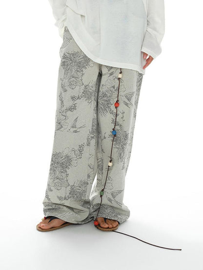 oinimi Distressed Print Denim Wide Leg Trousers Low Waist Straight Cut