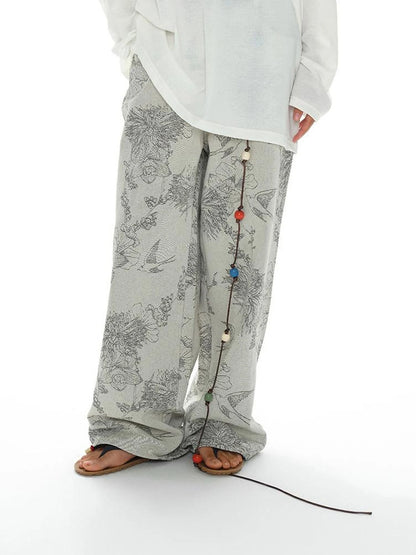 Distressed Print Denim Wide Leg Trousers Low Waist Straight Cut