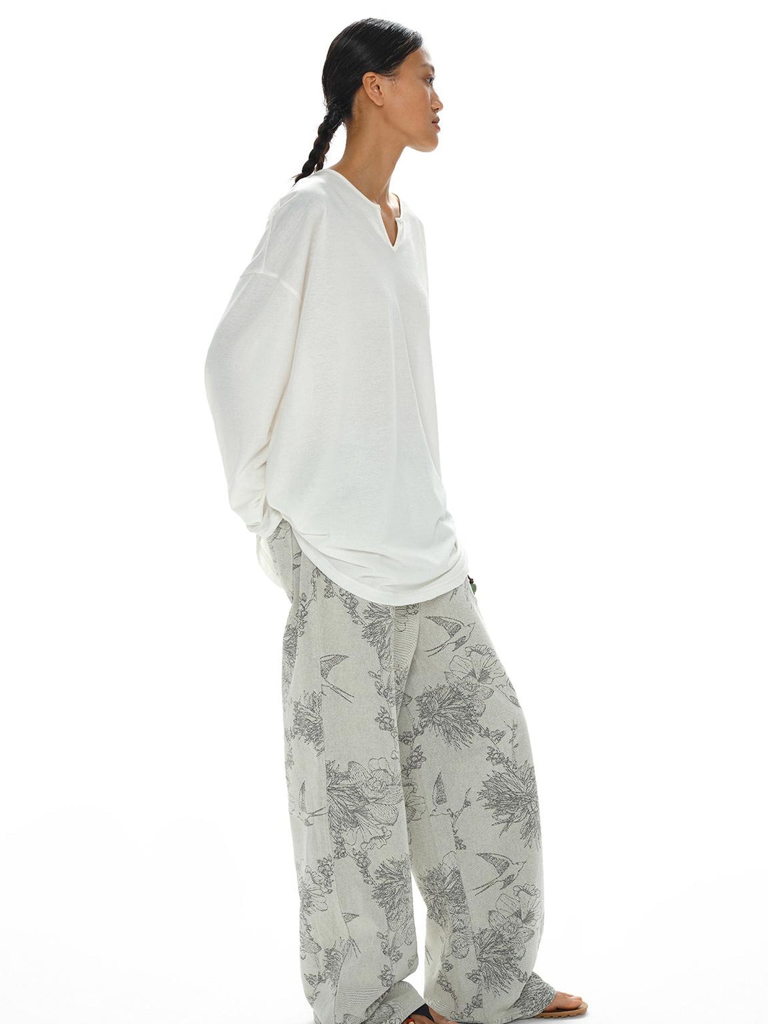 oinimi Distressed Print Denim Wide Leg Trousers Low Waist Straight Cut