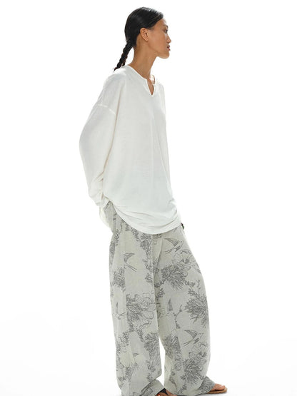 Distressed Print Denim Wide Leg Trousers Low Waist Straight Cut