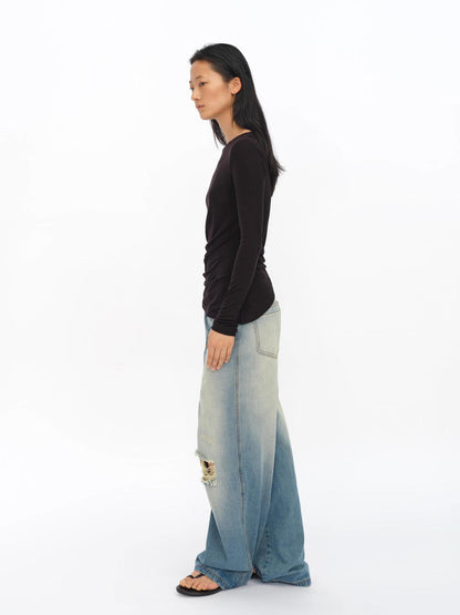 oinimi Distressed Washed Loose Fit Straight Leg Denim Jeans