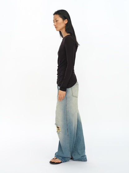 oinimi Distressed Washed Loose Fit Straight Leg Denim Jeans