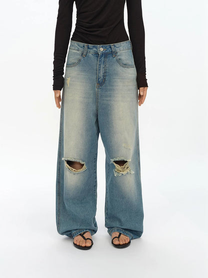 Distressed Washed Loose Fit Straight Leg Denim Jeans
