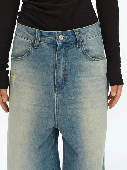 Distressed Washed Loose Fit Straight Leg Denim Jeans