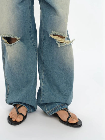 Distressed Washed Loose Fit Straight Leg Denim Jeans