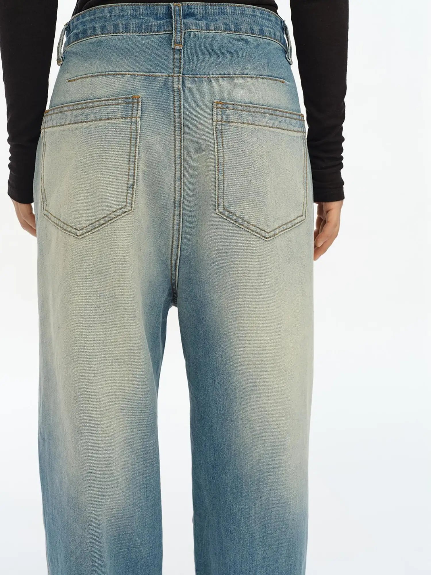 Distressed Washed Loose Fit Straight Leg Denim Jeans