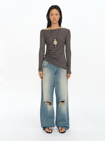 oinimi Distressed Washed Loose Fit Straight Leg Denim Jeans