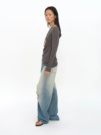 Distressed Washed Loose Fit Straight Leg Denim Jeans