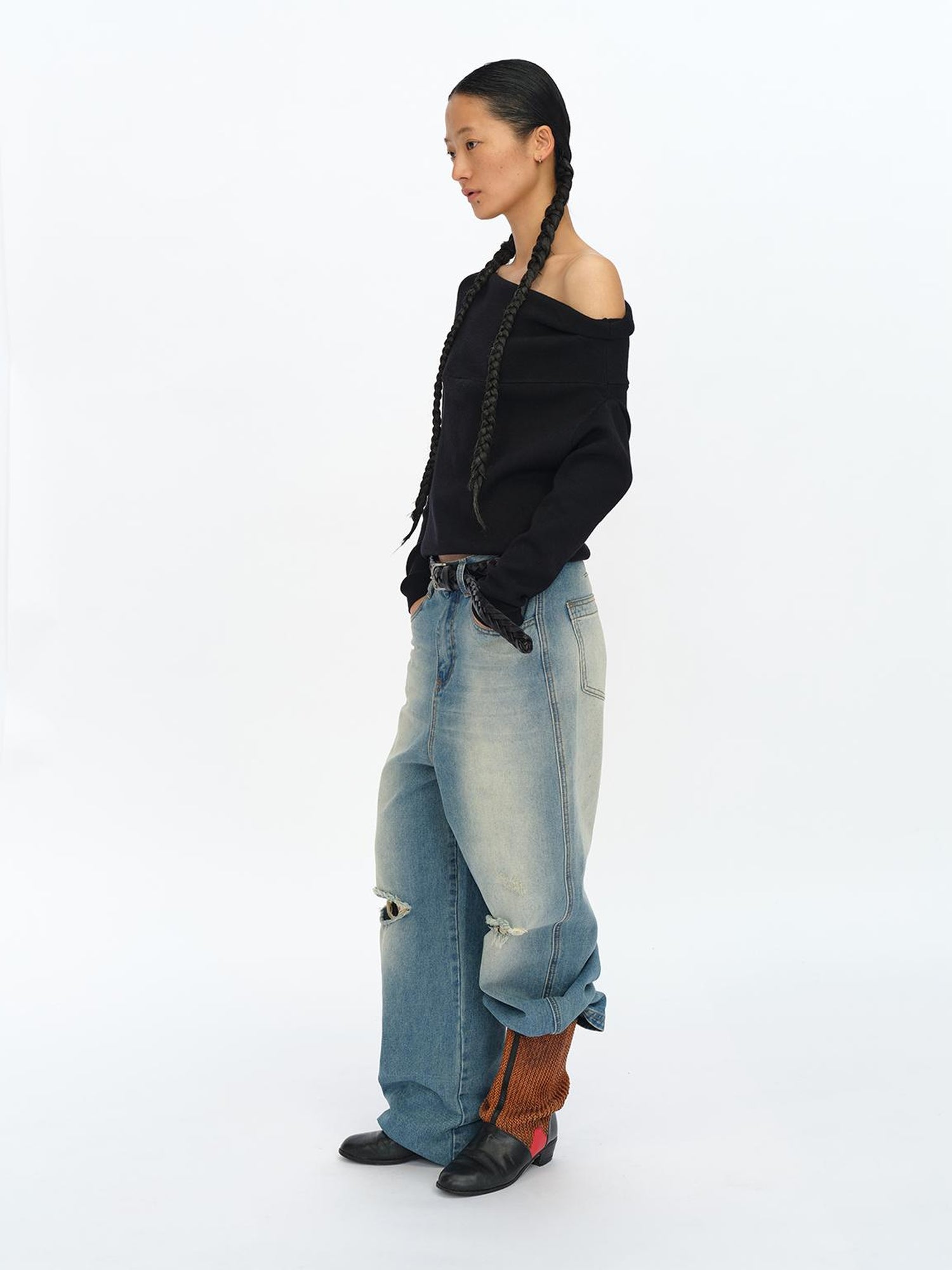 oinimi Distressed Washed Loose Fit Straight Leg Denim Jeans