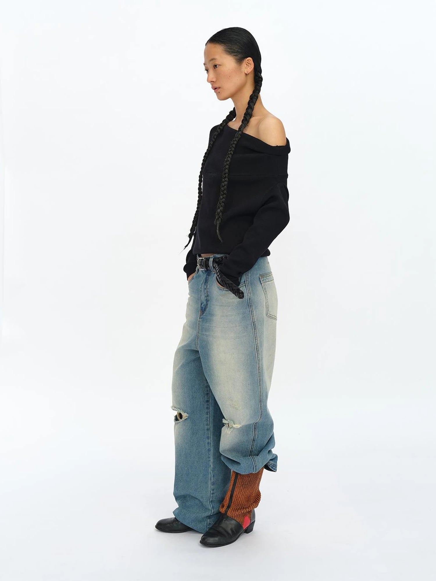 Distressed Washed Loose Fit Straight Leg Denim Jeans