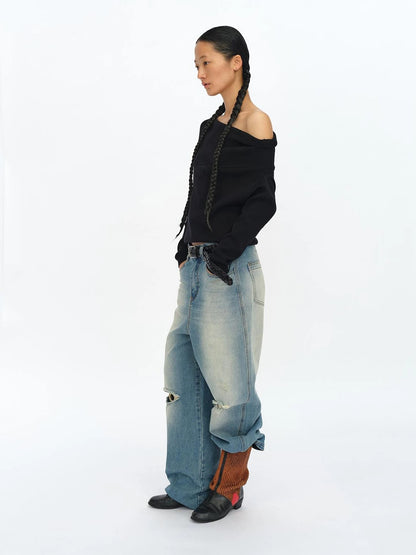 Distressed Washed Loose Fit Straight Leg Denim Jeans