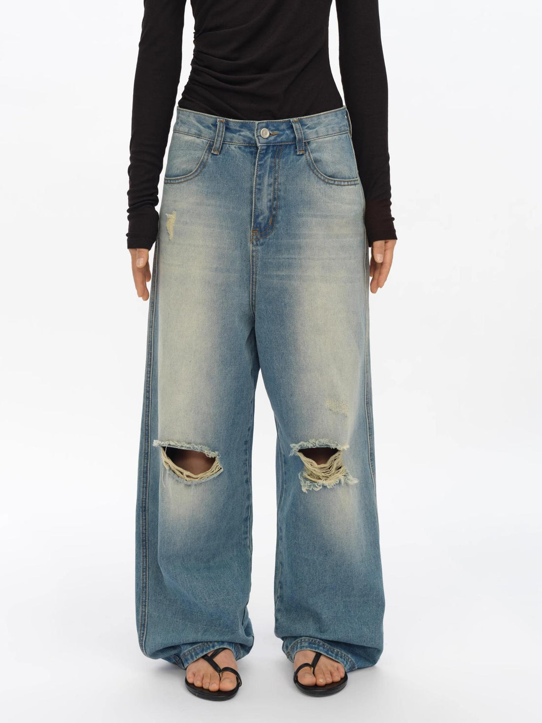 oinimi Distressed Washed Loose Fit Straight Leg Denim Jeans