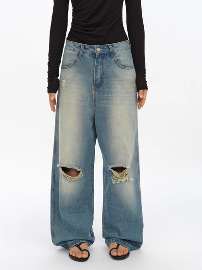 oinimi Distressed Washed Loose Fit Straight Leg Denim Jeans