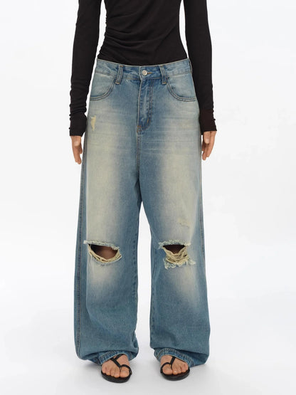 Distressed Washed Loose Fit Straight Leg Denim Jeans
