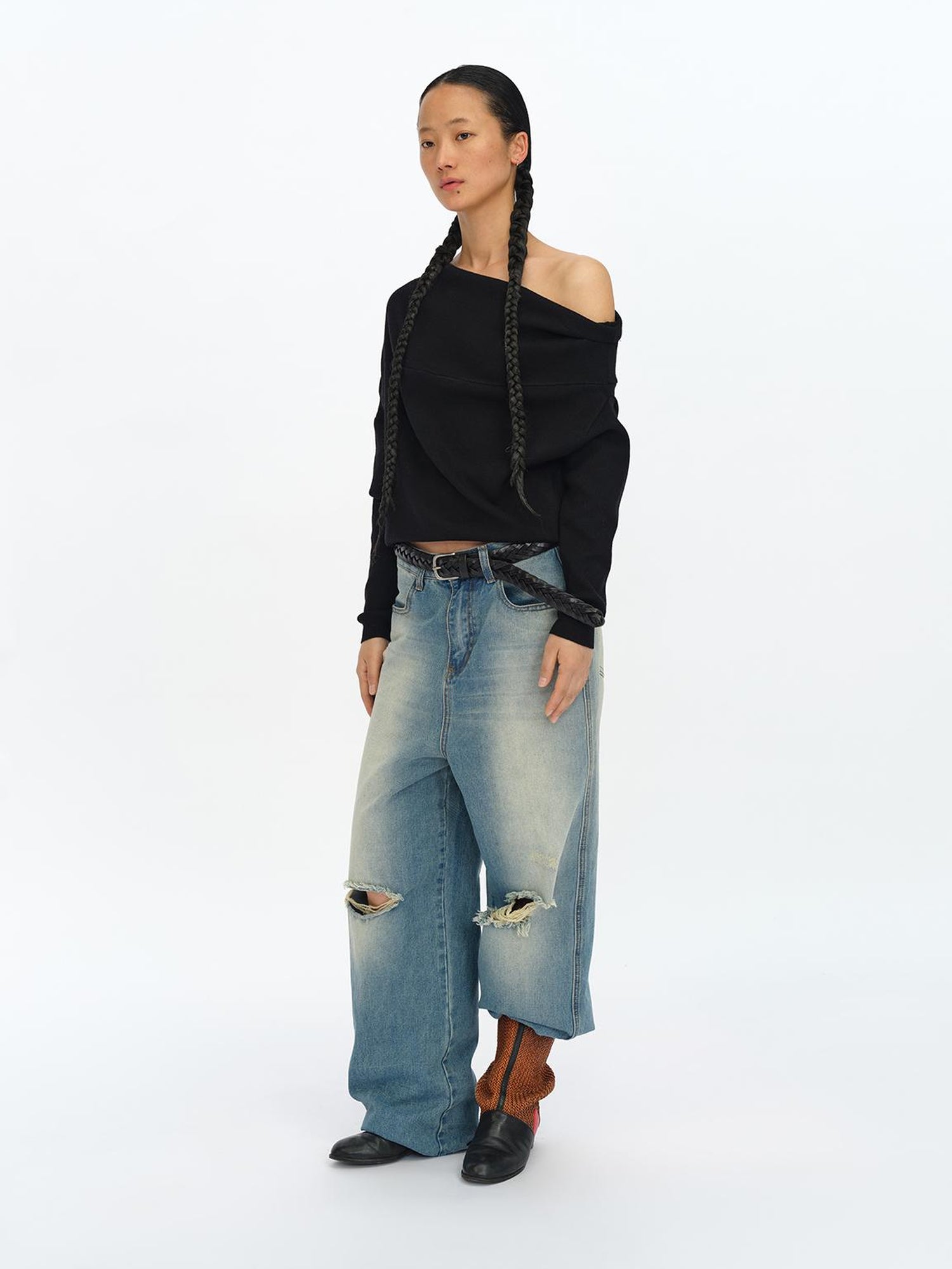 oinimi Distressed Washed Loose Fit Straight Leg Denim Jeans