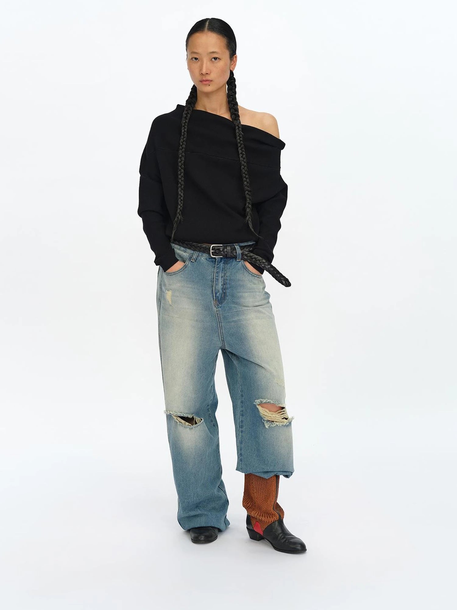 Distressed Washed Loose Fit Straight Leg Denim Jeans