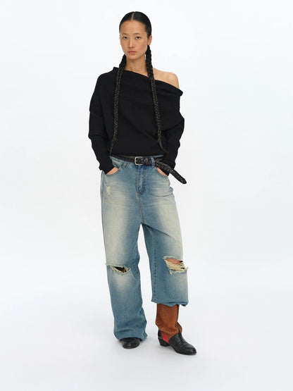 Distressed Washed Loose Fit Straight Leg Denim Jeans