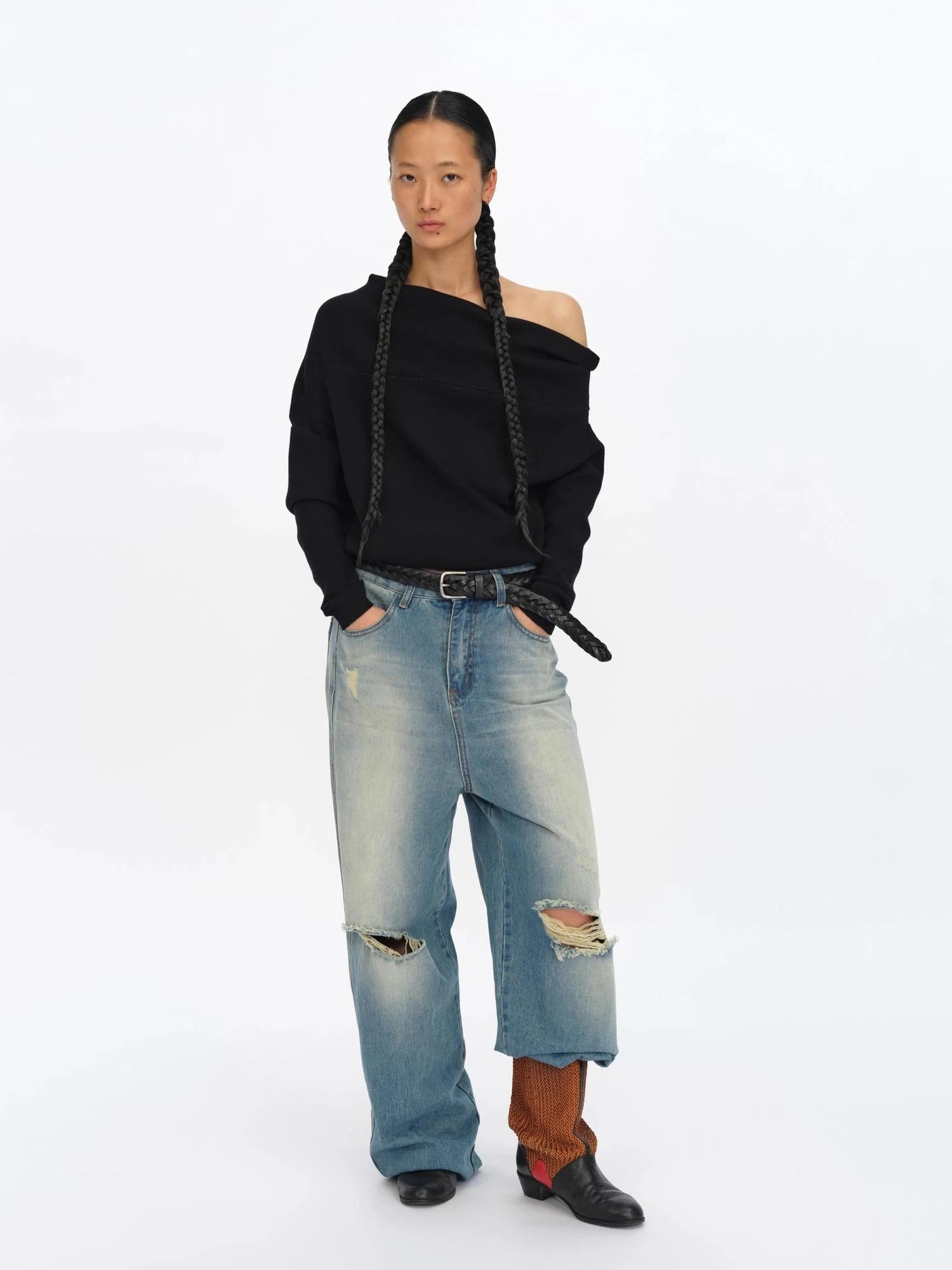 Distressed Washed Loose Fit Straight Leg Denim Jeans