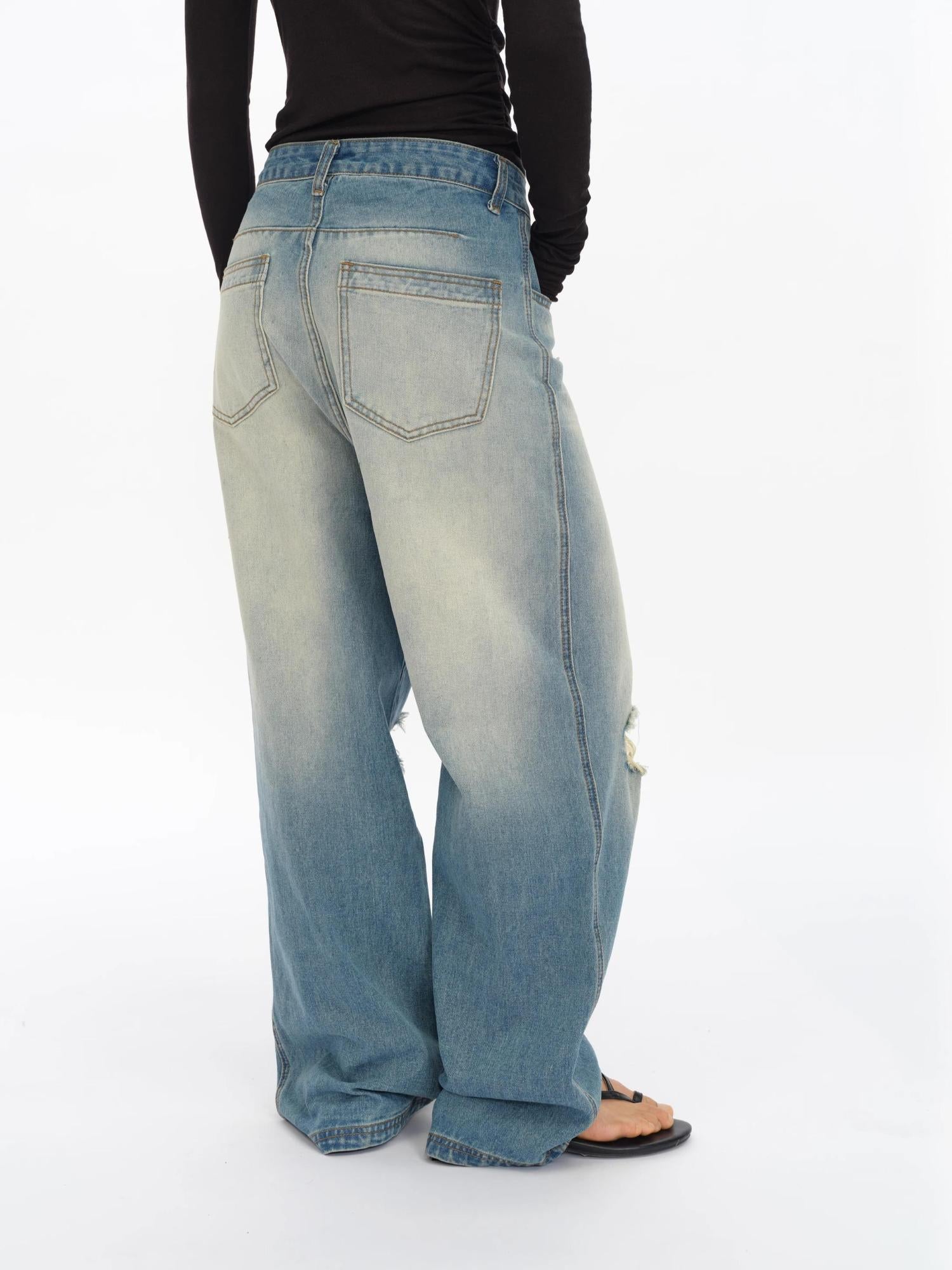 oinimi Distressed Washed Loose Fit Straight Leg Denim Jeans