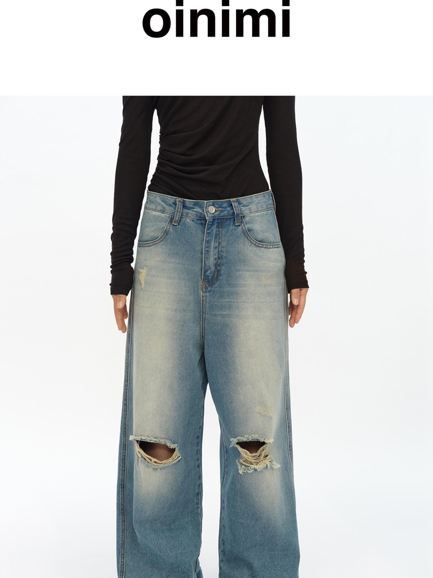 oinimi Distressed Washed Loose Fit Straight Leg Denim Jeans