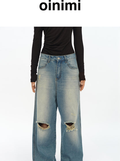 oinimi Distressed Washed Loose Fit Straight Leg Denim Jeans