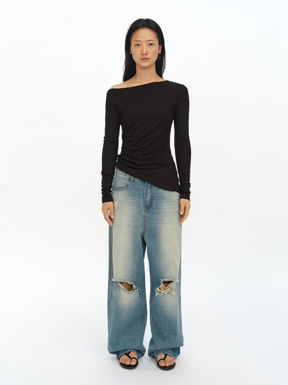 oinimi Distressed Washed Loose Fit Straight Leg Denim Jeans