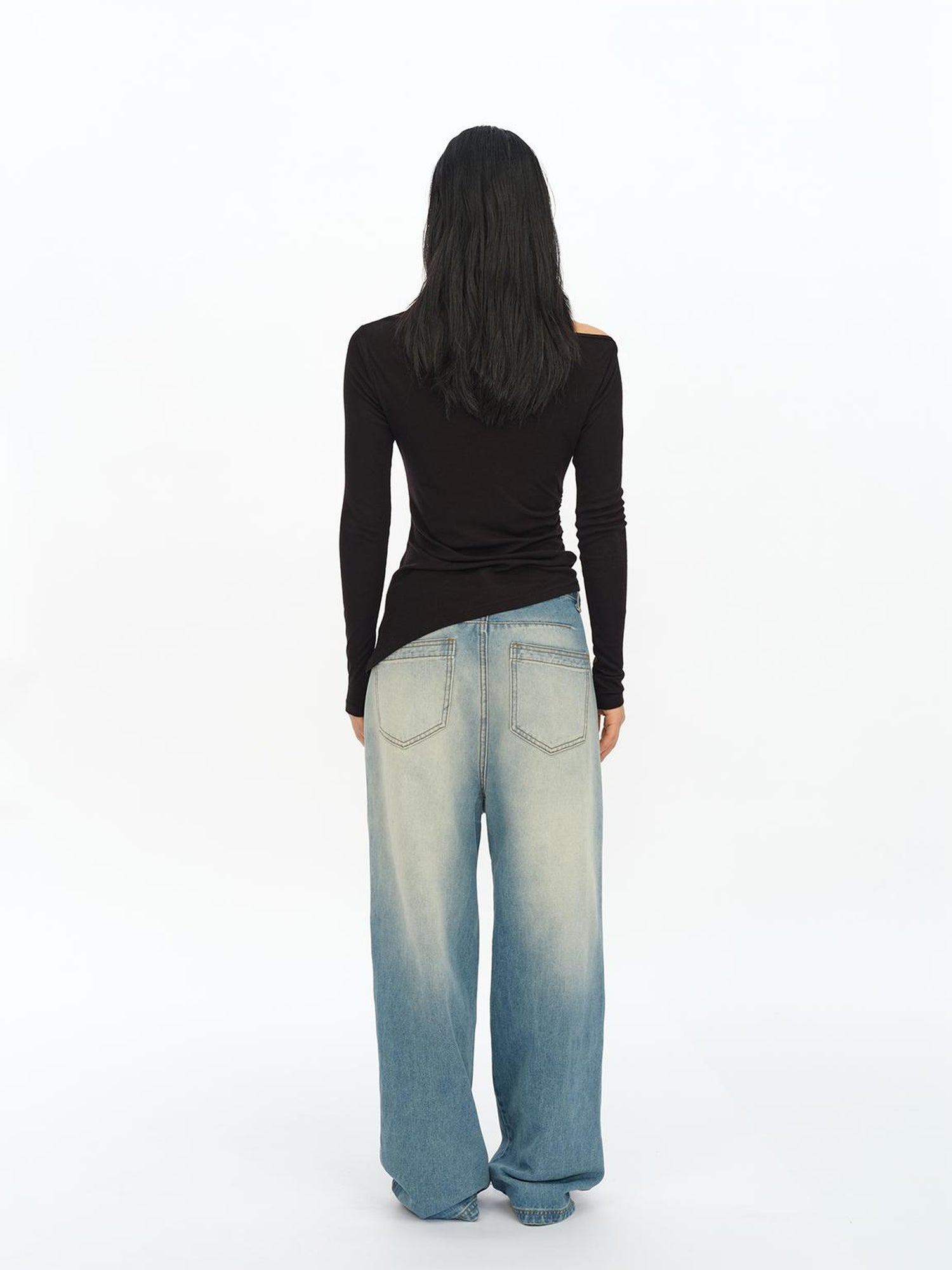 oinimi Distressed Washed Loose Fit Straight Leg Denim Jeans