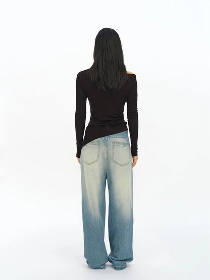 Distressed Washed Loose Fit Straight Leg Denim Jeans