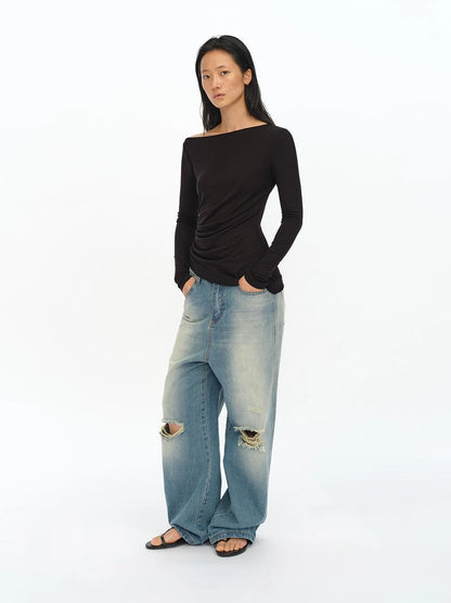 Distressed Washed Loose Fit Straight Leg Denim Jeans