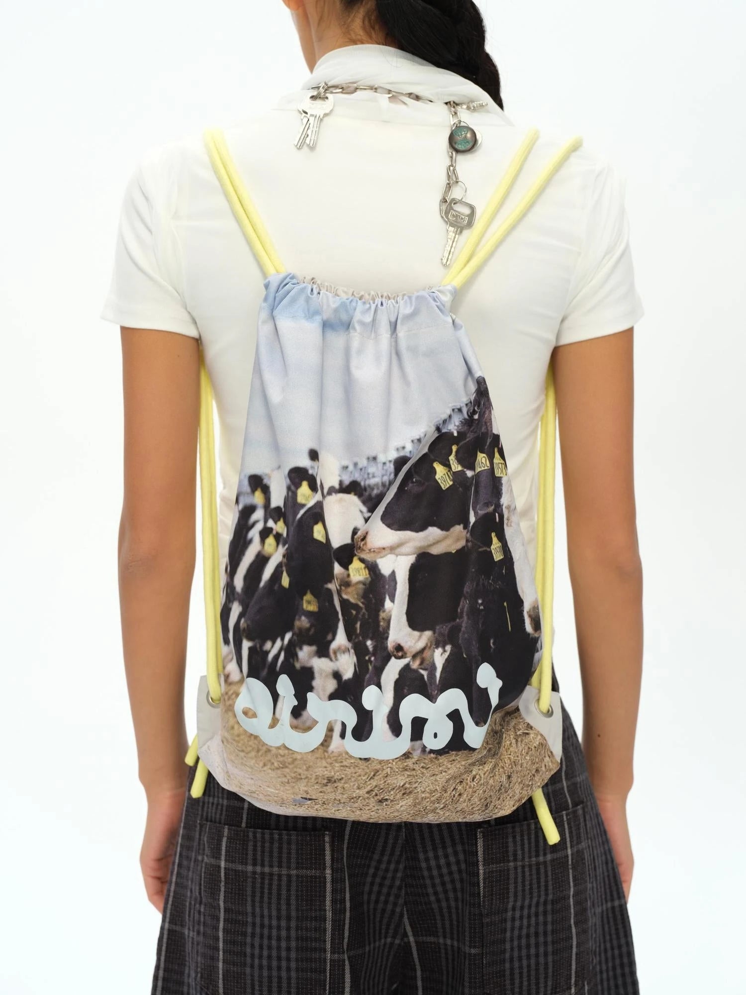 Cow Print Backpack In Lemon Yellow Cherry Pink