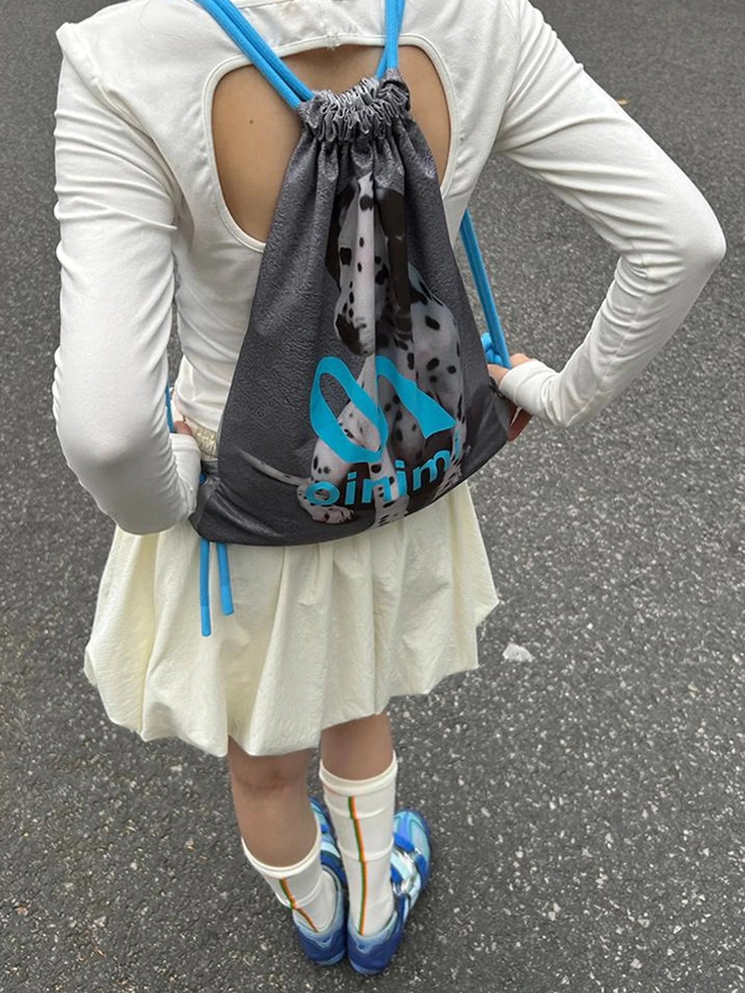 Double Sided Printed Backpack With Spotted Puppy Pattern