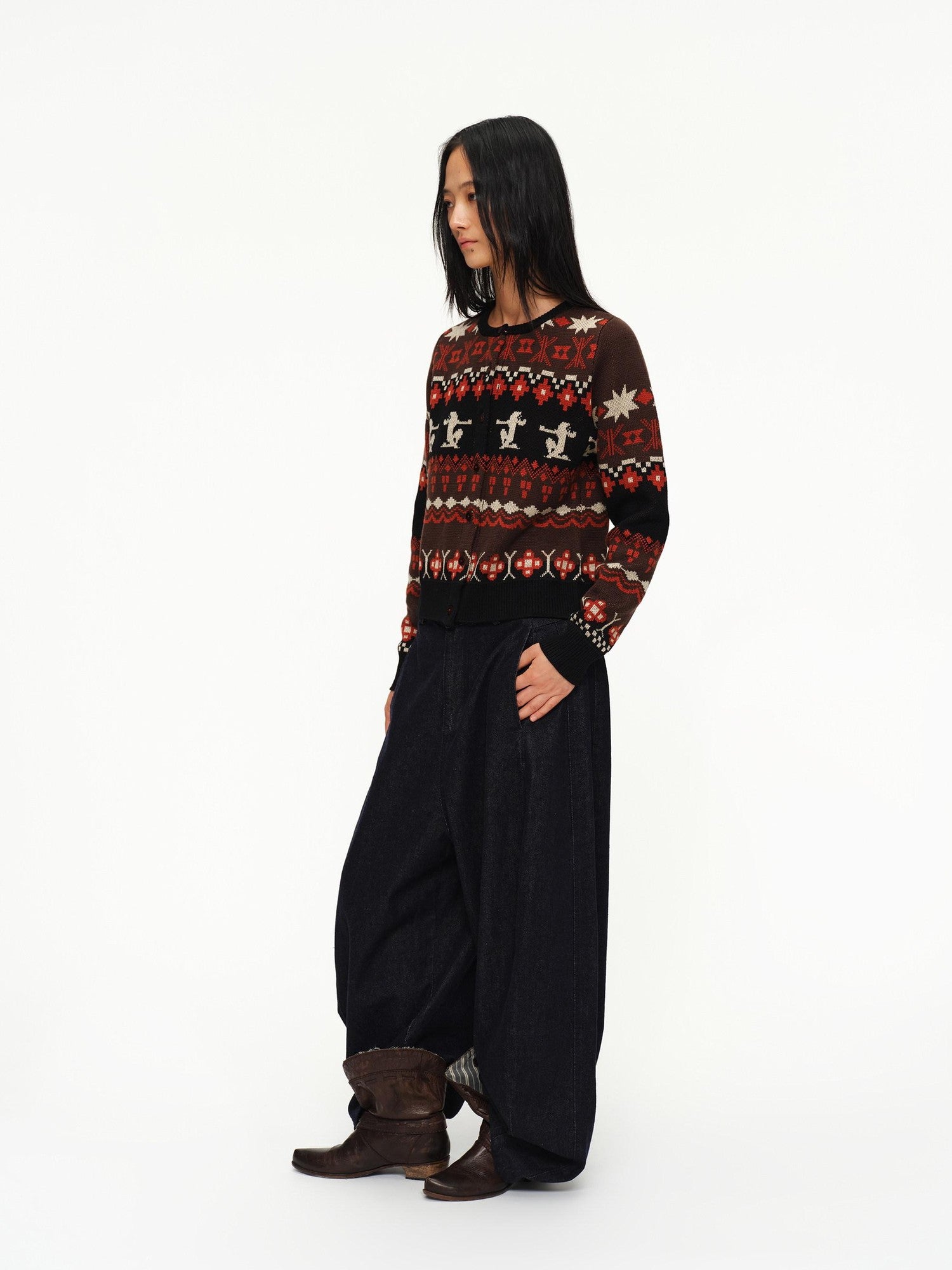 oinimi Fair Isle Totem Jacquard Short Knit Women&