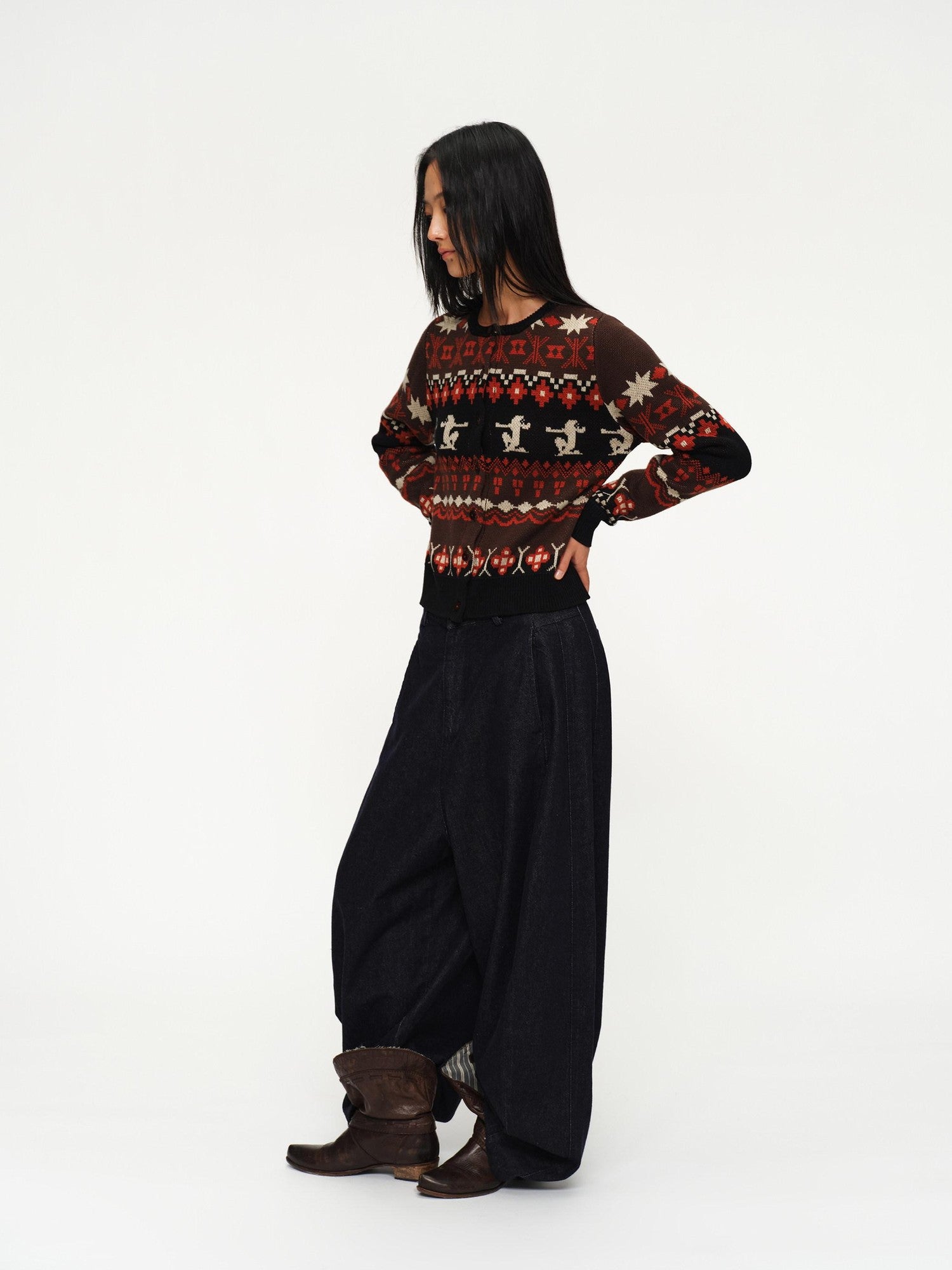 oinimi Fair Isle Totem Jacquard Short Knit Women&