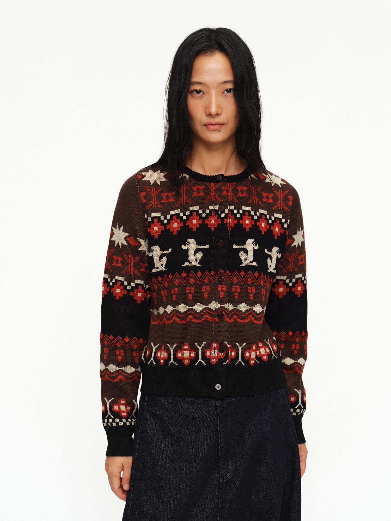 oinimi Fair Isle Totem Jacquard Short Knit Women&