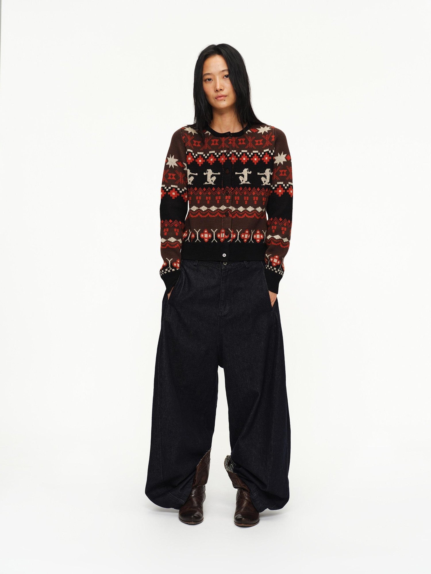 oinimi Fair Isle Totem Jacquard Short Knit Women&