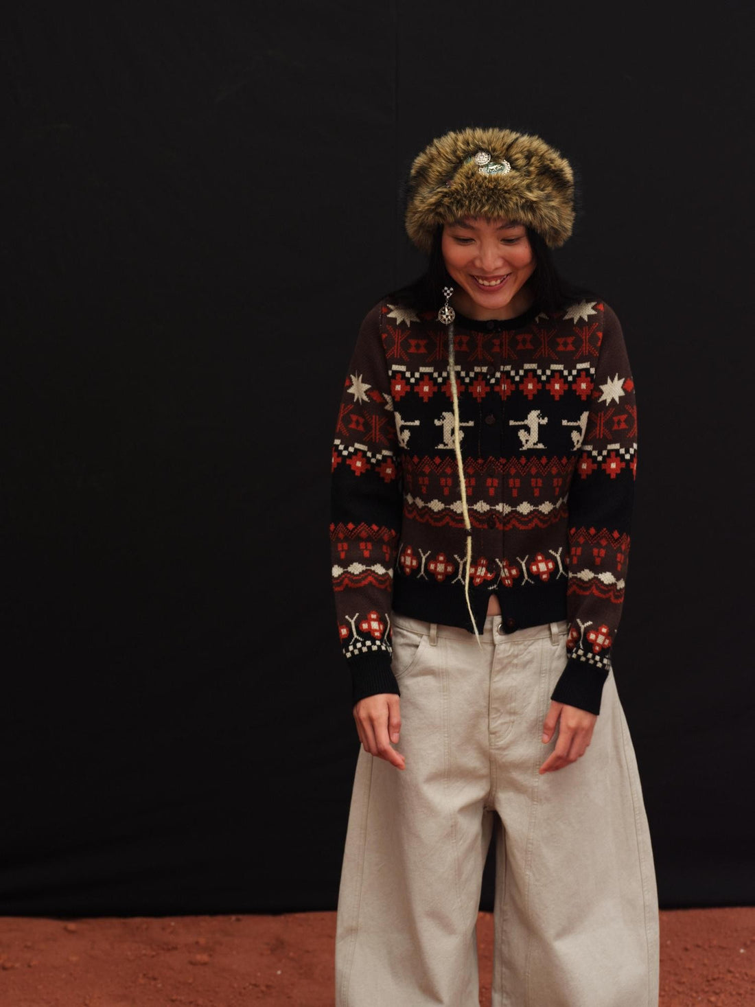 oinimi Fair Isle Totem Jacquard Short Knit Women&